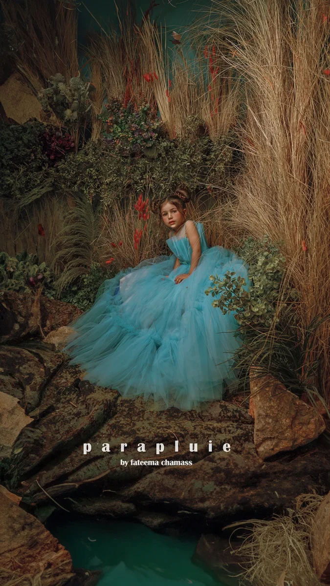 Young girl in a blue gown sitting in a fantasy forest setting with tall grass and rocks, fine art children’s photoshoot at Parapluie Studio Lebanon.